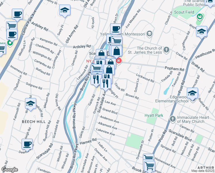 map of restaurants, bars, coffee shops, grocery stores, and more near in Eastchester