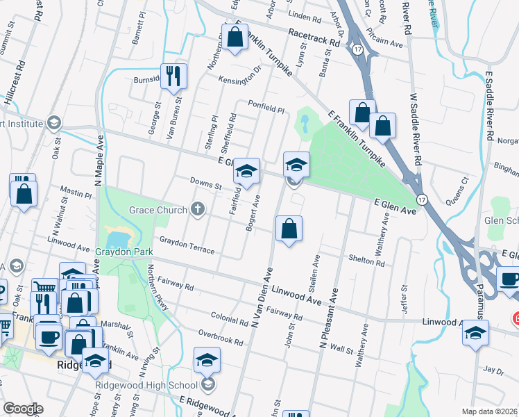 map of restaurants, bars, coffee shops, grocery stores, and more near 322 Bogert Avenue in Ridgewood