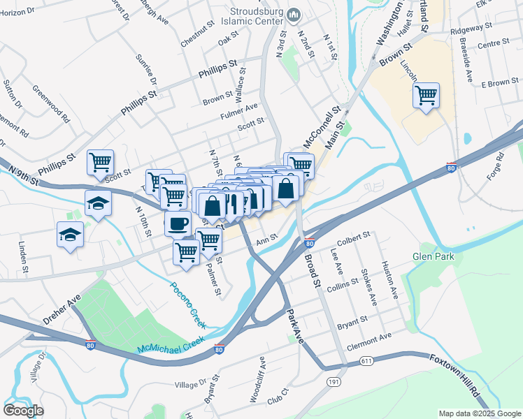 map of restaurants, bars, coffee shops, grocery stores, and more near 580 U.S. 209 Business in Stroudsburg