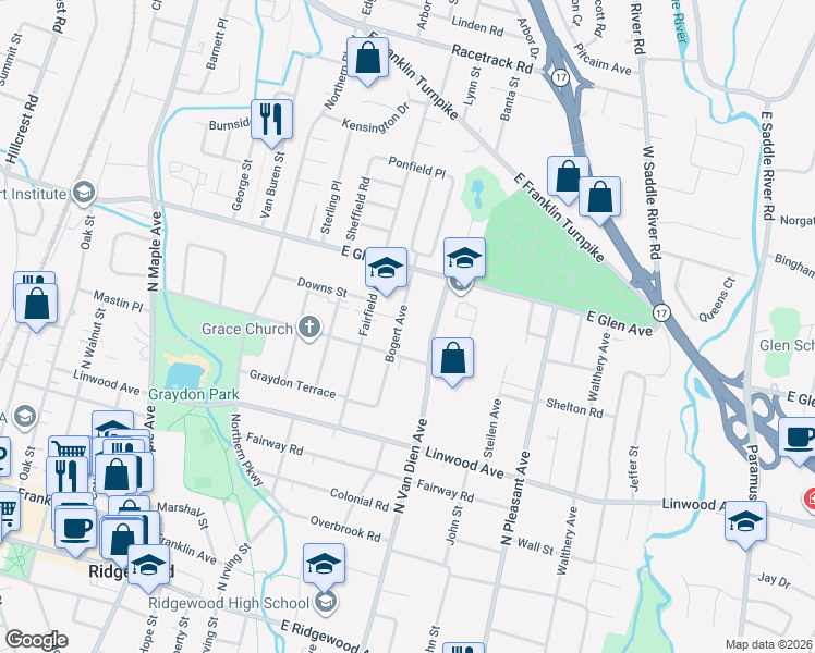 map of restaurants, bars, coffee shops, grocery stores, and more near 322 Bogert Avenue in Ridgewood