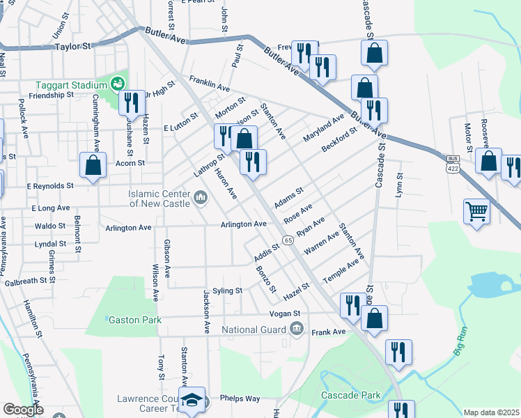 map of restaurants, bars, coffee shops, grocery stores, and more near 1312 East Washington Street in New Castle