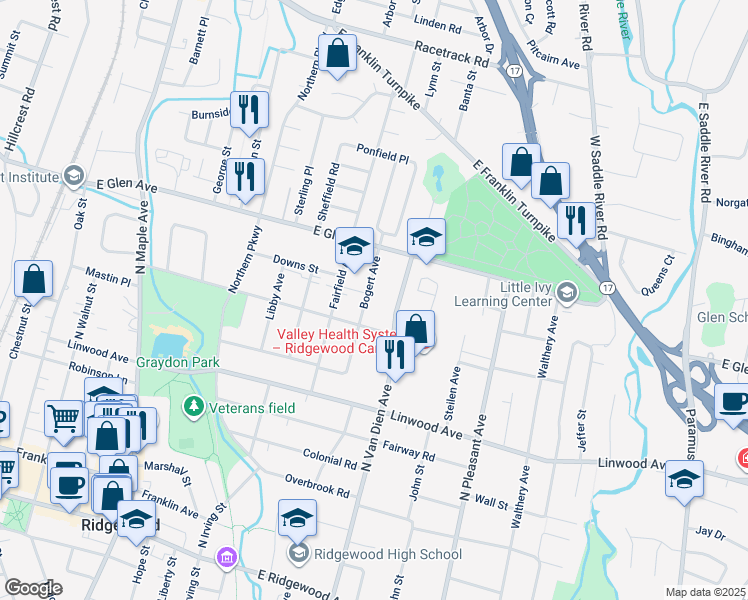 map of restaurants, bars, coffee shops, grocery stores, and more near 325 Bogert Avenue in Ridgewood