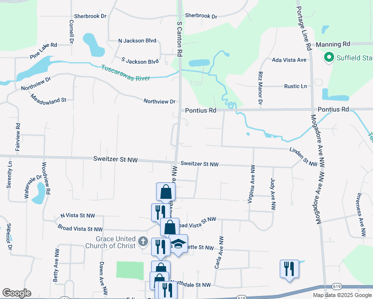 map of restaurants, bars, coffee shops, grocery stores, and more near 13718 Cleveland Avenue Northwest in Uniontown