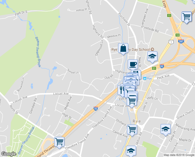 map of restaurants, bars, coffee shops, grocery stores, and more near 38 Club Road in Rye