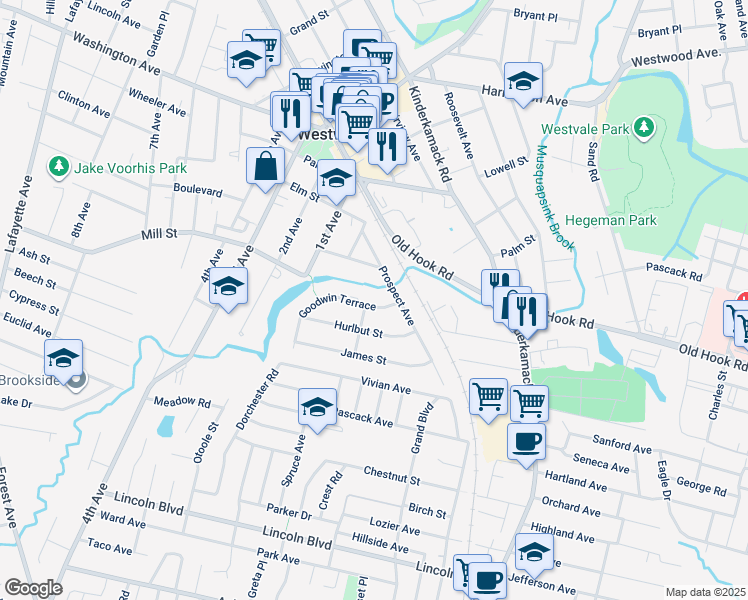 map of restaurants, bars, coffee shops, grocery stores, and more near 20 Goodwin Terrace in Westwood