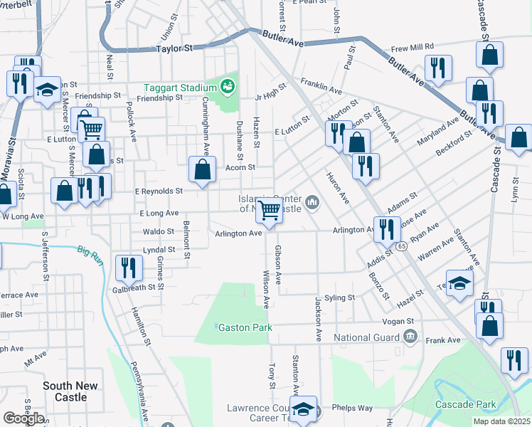 map of restaurants, bars, coffee shops, grocery stores, and more near 720 East Long Avenue in New Castle