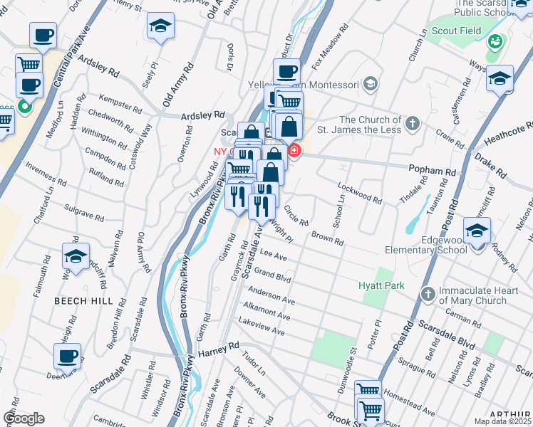 map of restaurants, bars, coffee shops, grocery stores, and more near in Eastchester