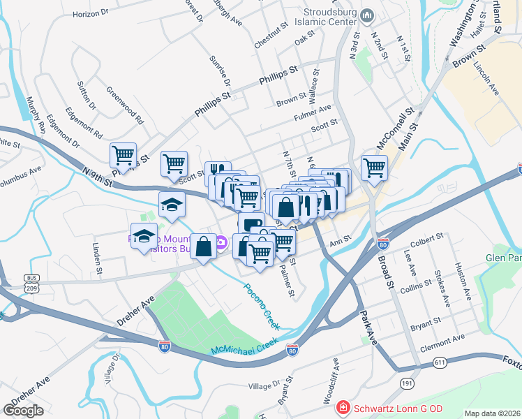 map of restaurants, bars, coffee shops, grocery stores, and more near 828 Monroe Street in Stroudsburg