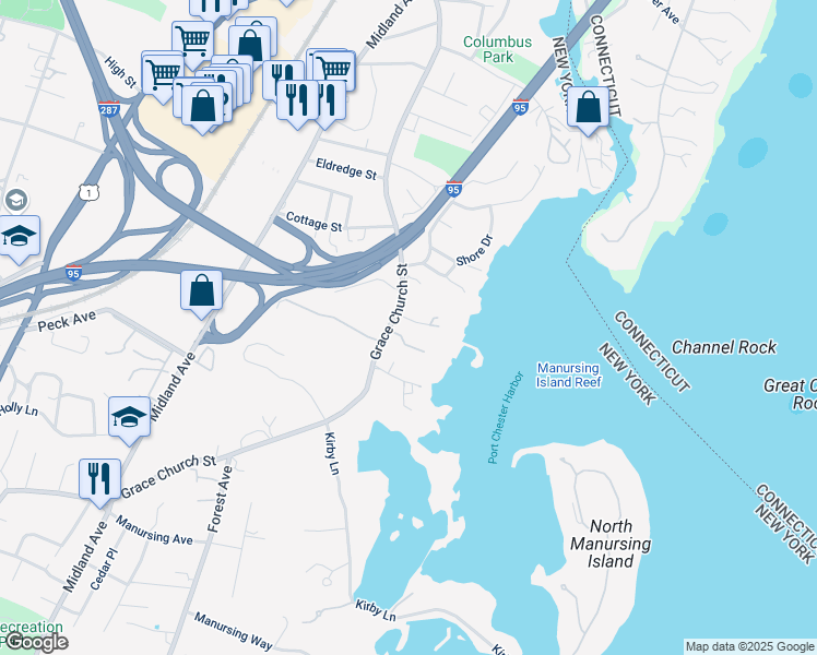 map of restaurants, bars, coffee shops, grocery stores, and more near 450 Grace Church Street in Rye