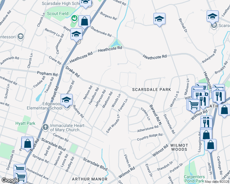 map of restaurants, bars, coffee shops, grocery stores, and more near 66 Drake Road in Scarsdale