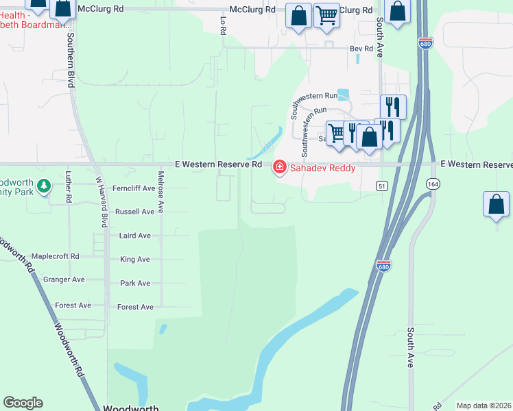 map of restaurants, bars, coffee shops, grocery stores, and more near 2302 Trotters Chase in Youngstown