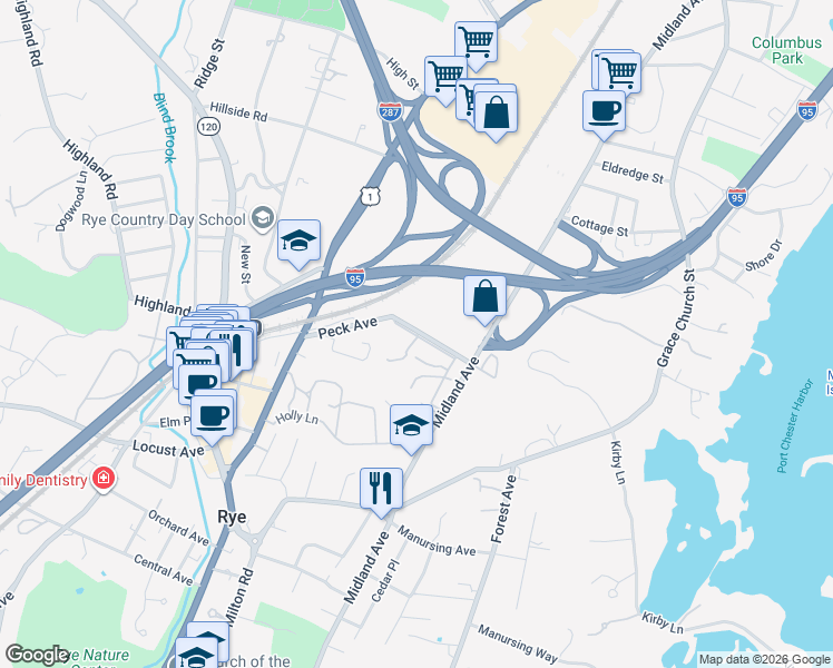 map of restaurants, bars, coffee shops, grocery stores, and more near 42 Peck Avenue in Rye