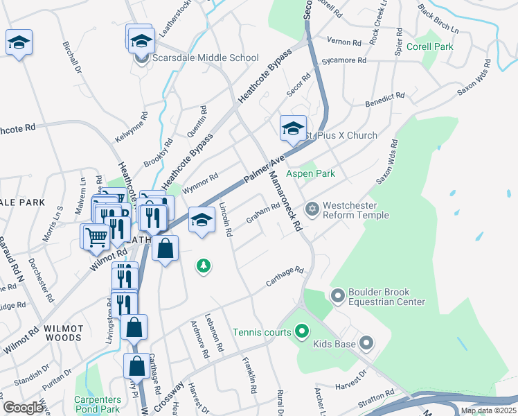 map of restaurants, bars, coffee shops, grocery stores, and more near 49 Graham Road in Scarsdale