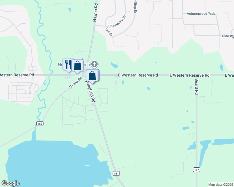 map of restaurants, bars, coffee shops, grocery stores, and more near 2421 East Western Reserve Road in Poland