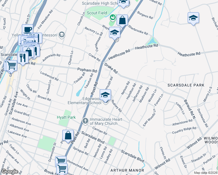 map of restaurants, bars, coffee shops, grocery stores, and more near 22 Ferncliff Road in Scarsdale