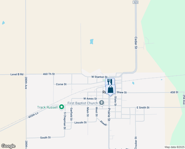 map of restaurants, bars, coffee shops, grocery stores, and more near 315 West Stanton Street in Russell
