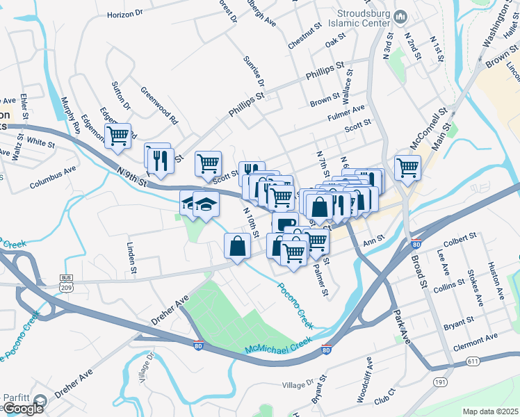 map of restaurants, bars, coffee shops, grocery stores, and more near 119 North 9th Street in Stroudsburg