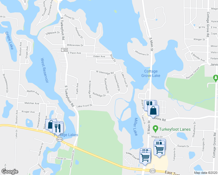 map of restaurants, bars, coffee shops, grocery stores, and more near 3791 Butterfield Drive in Akron