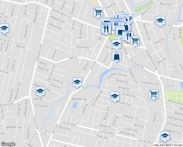 map of restaurants, bars, coffee shops, grocery stores, and more near 85 3rd Avenue in Westwood