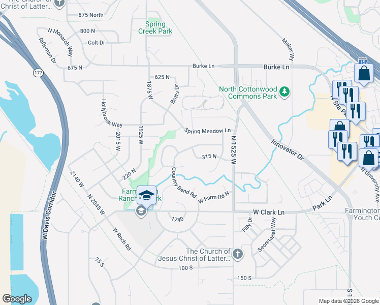 map of restaurants, bars, coffee shops, grocery stores, and more near 1767 365 North Country Bend Road in Farmington