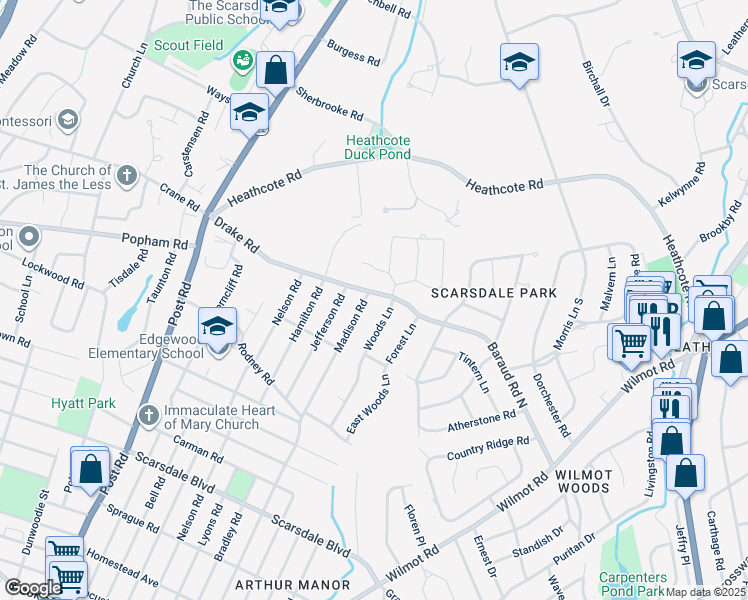 map of restaurants, bars, coffee shops, grocery stores, and more near 66 Drake Road in Scarsdale