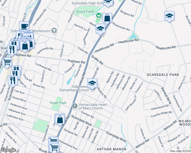 map of restaurants, bars, coffee shops, grocery stores, and more near 22 Ferncliff Road in Scarsdale