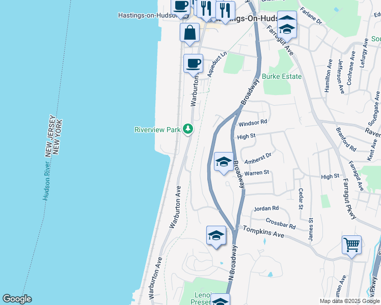 map of restaurants, bars, coffee shops, grocery stores, and more near 280 Warburton Avenue in Hastings-on-Hudson