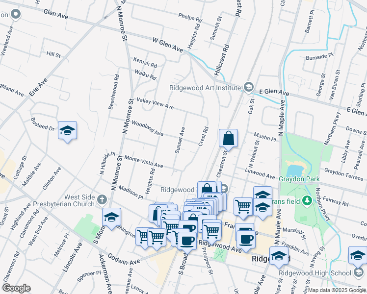 map of restaurants, bars, coffee shops, grocery stores, and more near 143 Sunset Avenue in Ridgewood