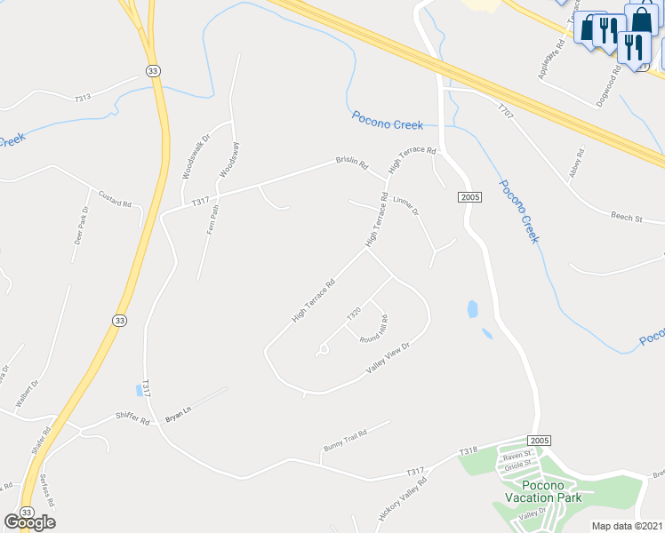 map of restaurants, bars, coffee shops, grocery stores, and more near 5123 T319 in Stroudsburg