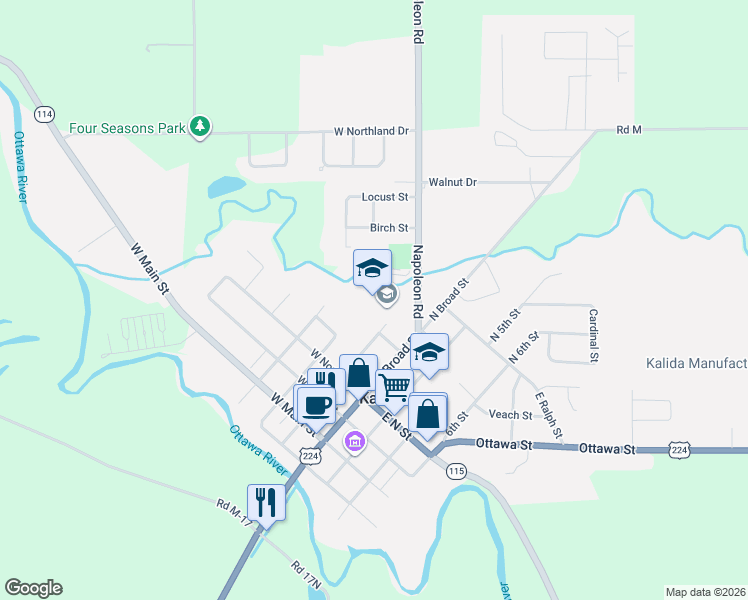 map of restaurants, bars, coffee shops, grocery stores, and more near 301 3rd Street in Kalida