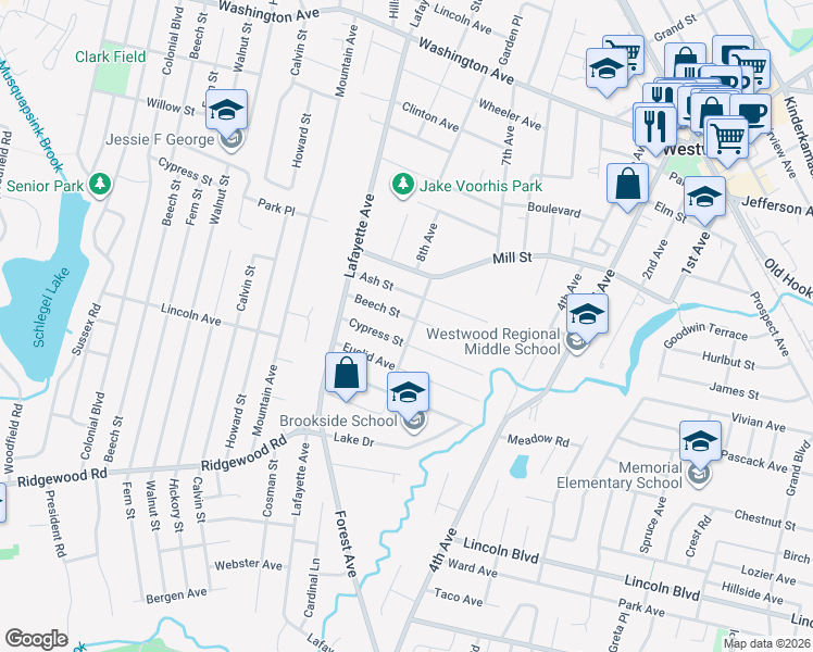 map of restaurants, bars, coffee shops, grocery stores, and more near 76 Clairmont Avenue in Westwood