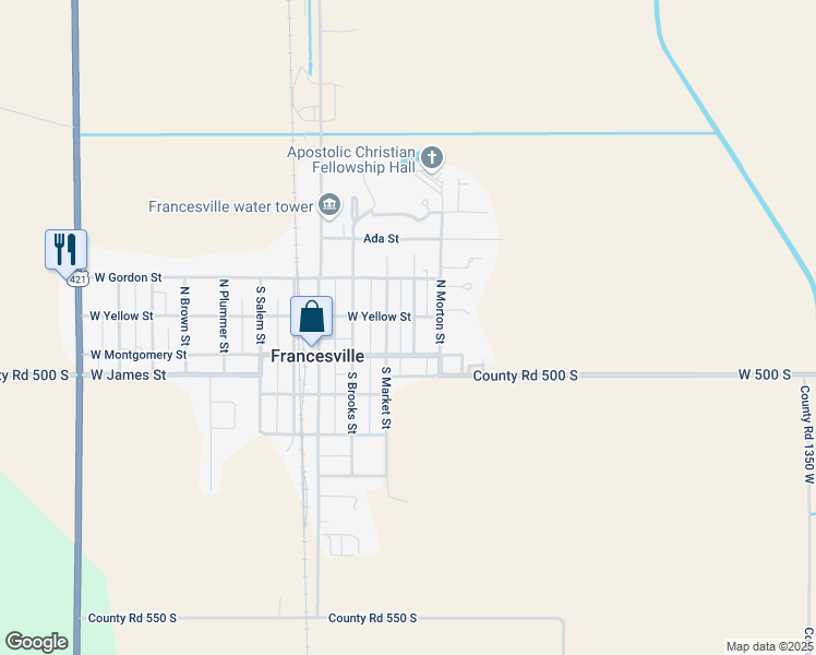 map of restaurants, bars, coffee shops, grocery stores, and more near 126 North Harrison Street in Francesville