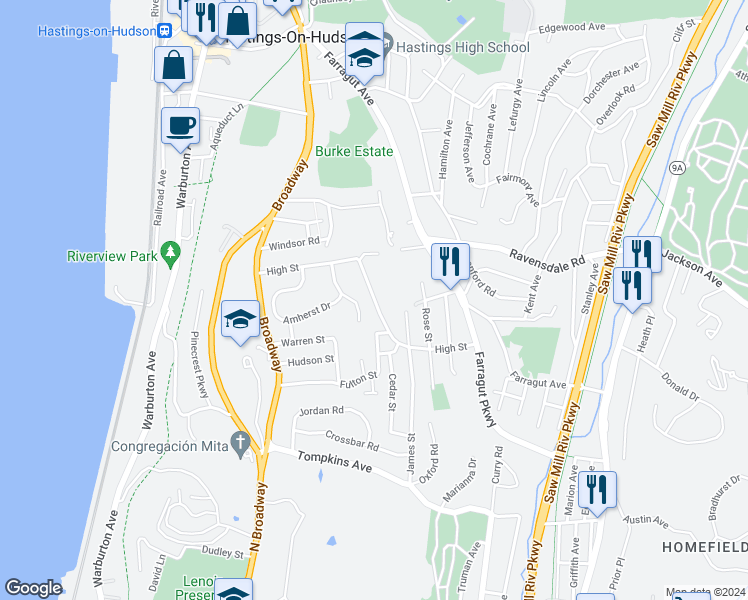 map of restaurants, bars, coffee shops, grocery stores, and more near High Street in Hastings-on-Hudson