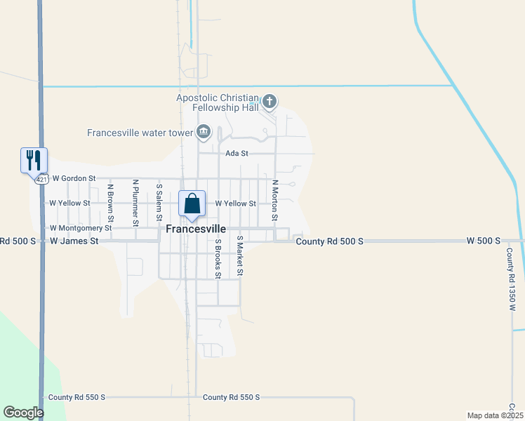 map of restaurants, bars, coffee shops, grocery stores, and more near 126 North Harrison Street in Francesville