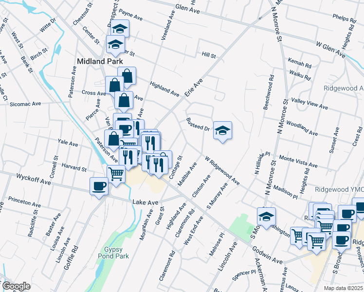 map of restaurants, bars, coffee shops, grocery stores, and more near 117 Cottage Street in Midland Park