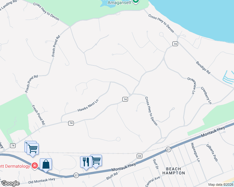 map of restaurants, bars, coffee shops, grocery stores, and more near 21 Canvasback Lane in Amagansett
