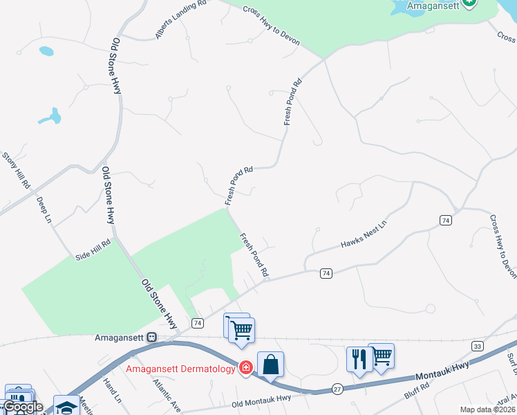 map of restaurants, bars, coffee shops, grocery stores, and more near 68 Fresh Pond Road in Amagansett