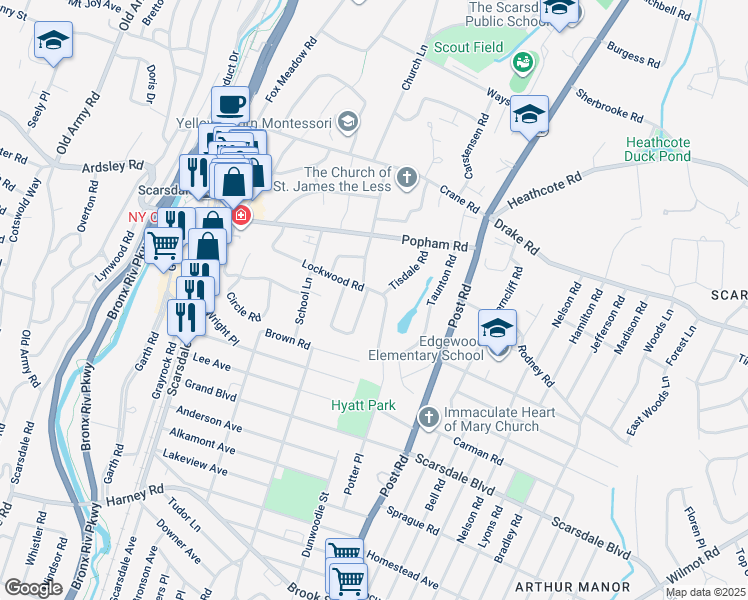 map of restaurants, bars, coffee shops, grocery stores, and more near 66 Lockwood Road in Scarsdale