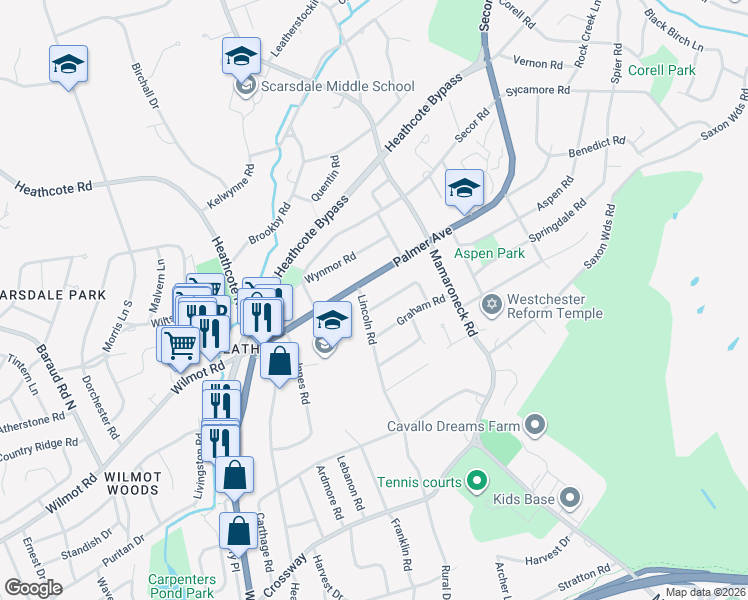 map of restaurants, bars, coffee shops, grocery stores, and more near 25 Lawrence Road in Scarsdale