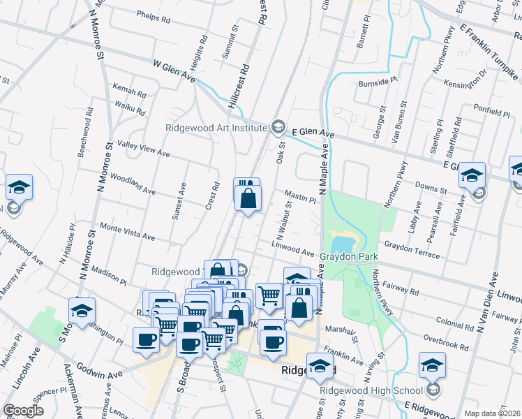 map of restaurants, bars, coffee shops, grocery stores, and more near 236 Oak Street in Ridgewood