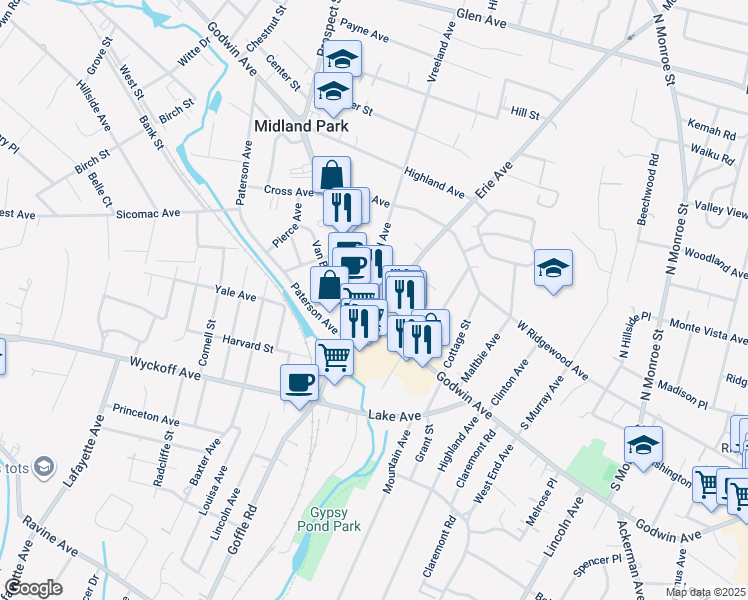 map of restaurants, bars, coffee shops, grocery stores, and more near 24 Vreeland Avenue in Midland Park