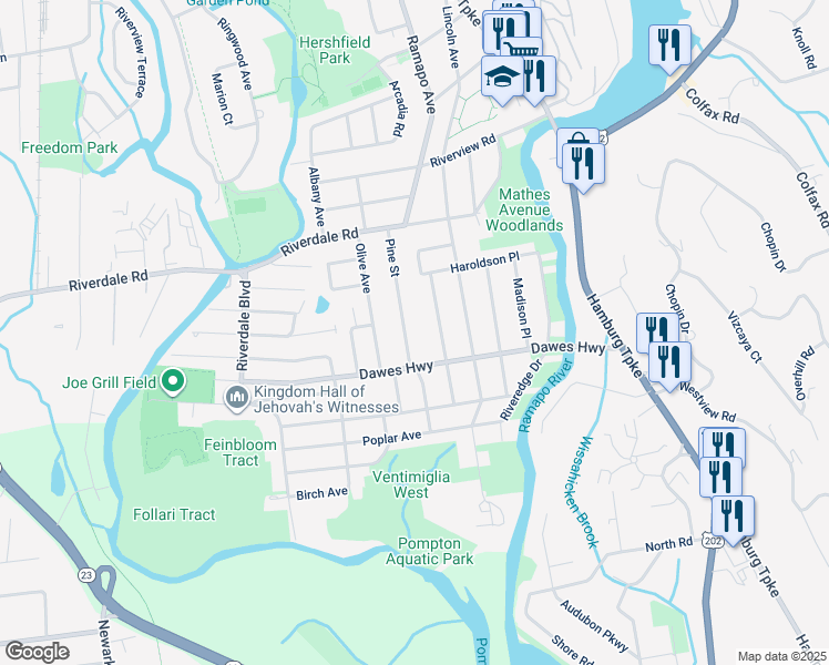 map of restaurants, bars, coffee shops, grocery stores, and more near 191 Pine Street in Pompton Lakes