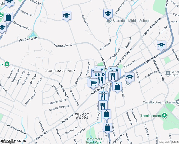 map of restaurants, bars, coffee shops, grocery stores, and more near 27 Malvern Road in New Rochelle