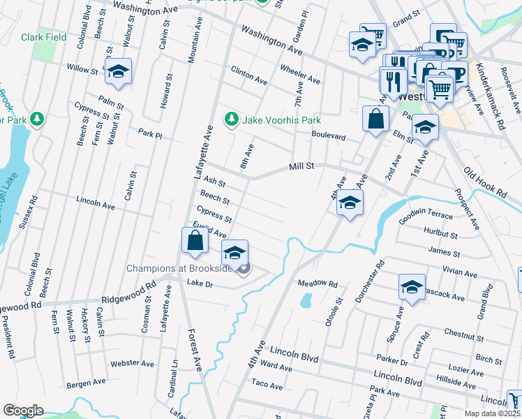 map of restaurants, bars, coffee shops, grocery stores, and more near 42 Beech Street in Westwood