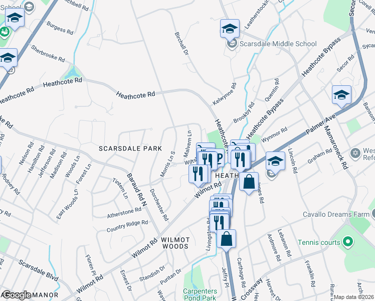 map of restaurants, bars, coffee shops, grocery stores, and more near 27 Malvern Road in New Rochelle