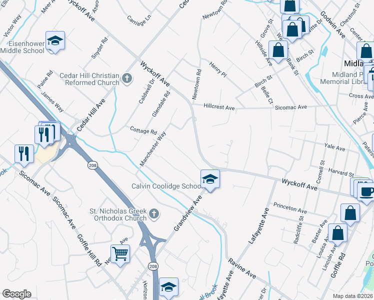 map of restaurants, bars, coffee shops, grocery stores, and more near 182 Cottage Road in Wyckoff