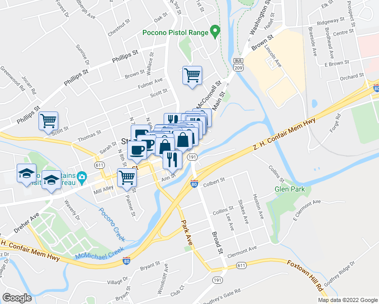map of restaurants, bars, coffee shops, grocery stores, and more near 507 Main Street in Stroudsburg