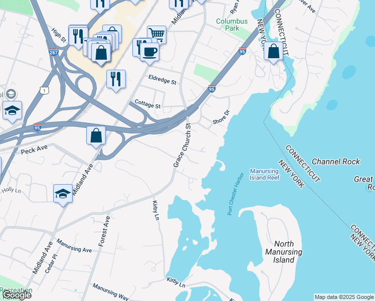 map of restaurants, bars, coffee shops, grocery stores, and more near 450 Grace Church Street in Rye