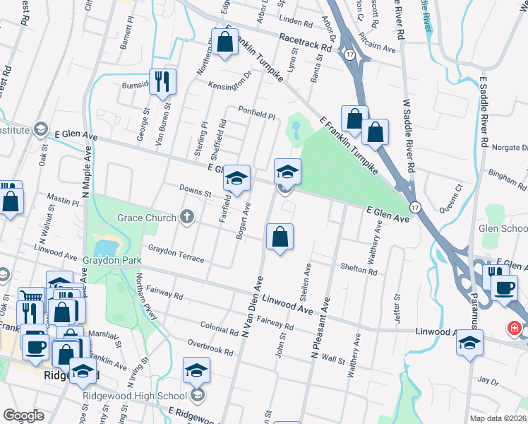 map of restaurants, bars, coffee shops, grocery stores, and more near 334 North Van Dien Avenue in Ridgewood