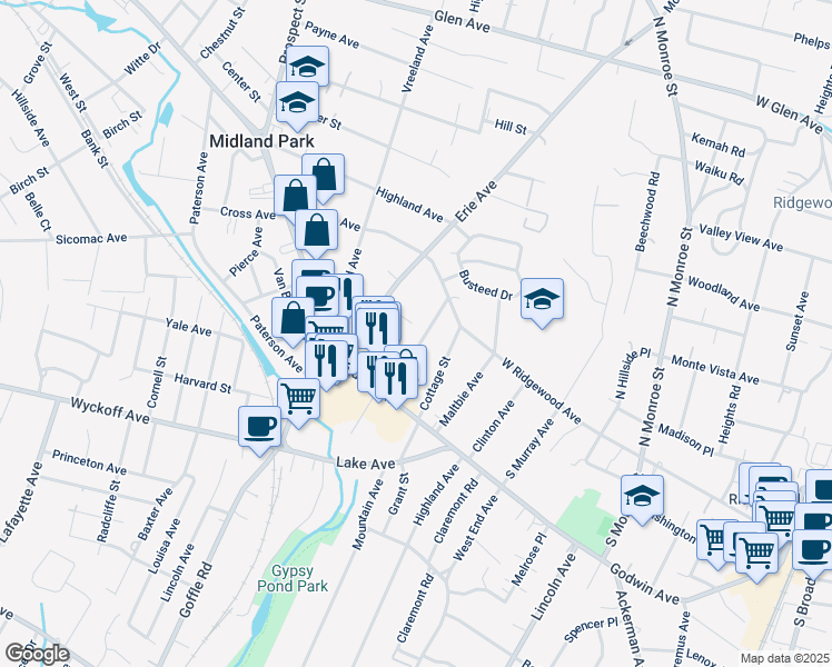 map of restaurants, bars, coffee shops, grocery stores, and more near 57 Rea Avenue in Midland Park